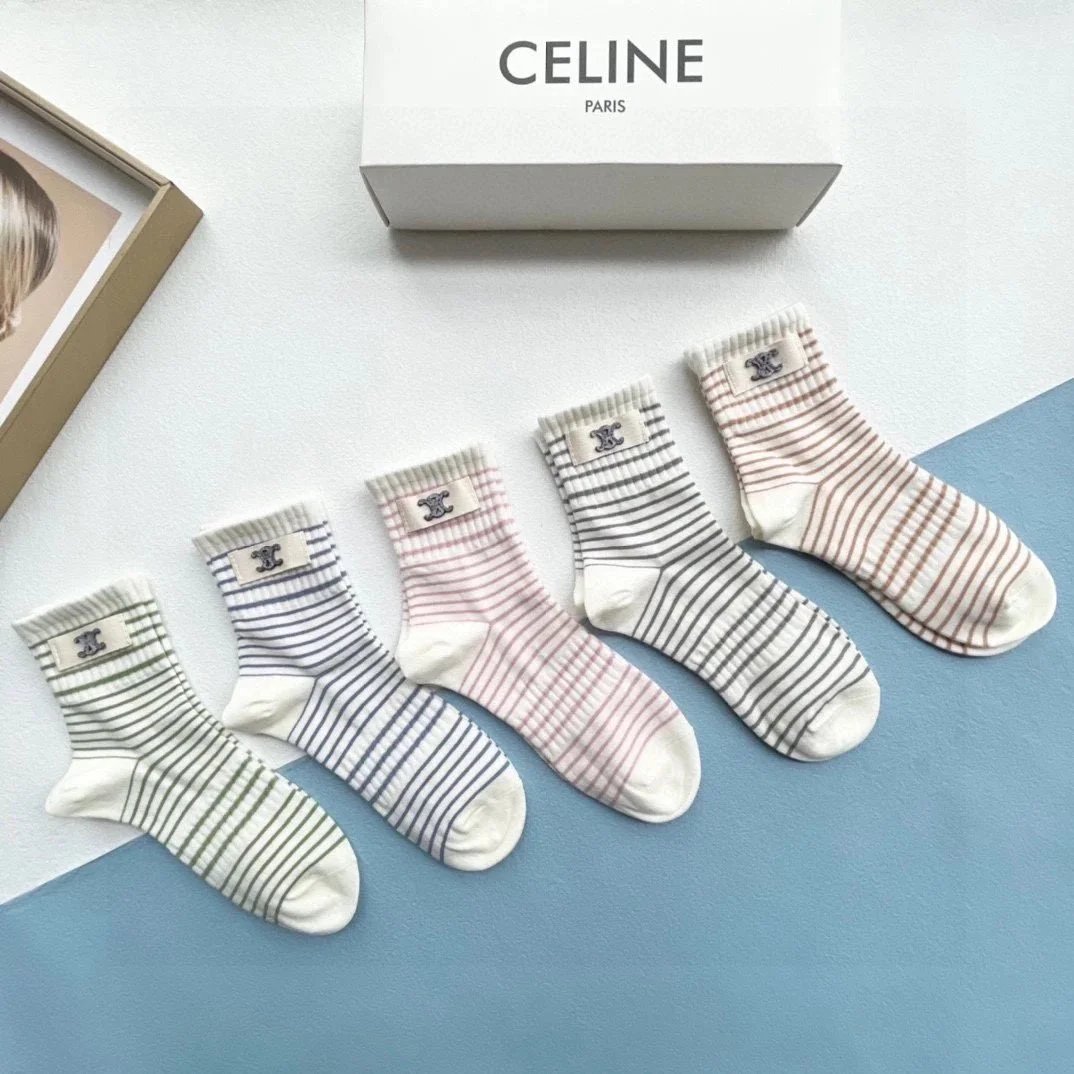 Celine Logo Stripe Socks Black and White - 10