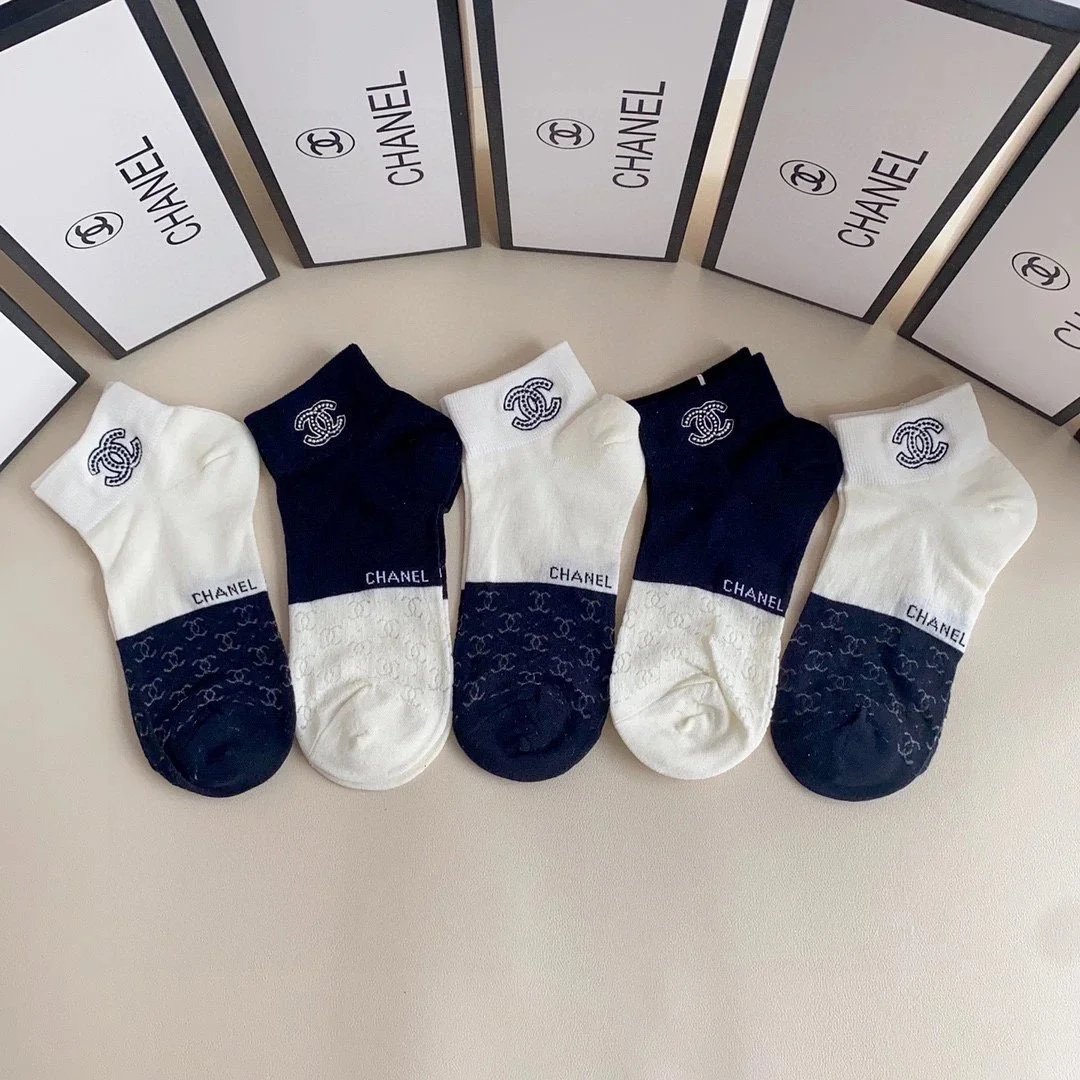 Chanel Striped Logo Socks Black and White - 7