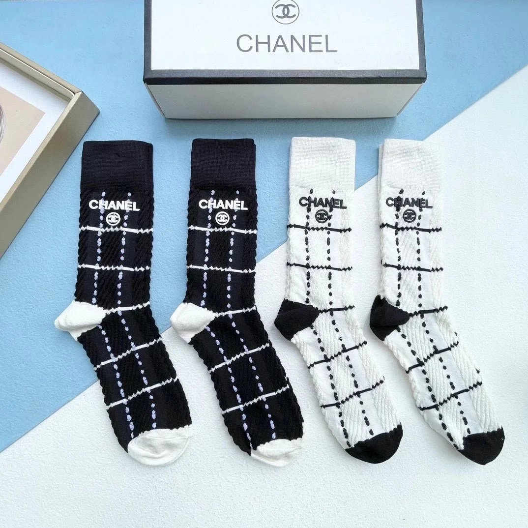 Chanel Striped Logo Socks Black and White - 16