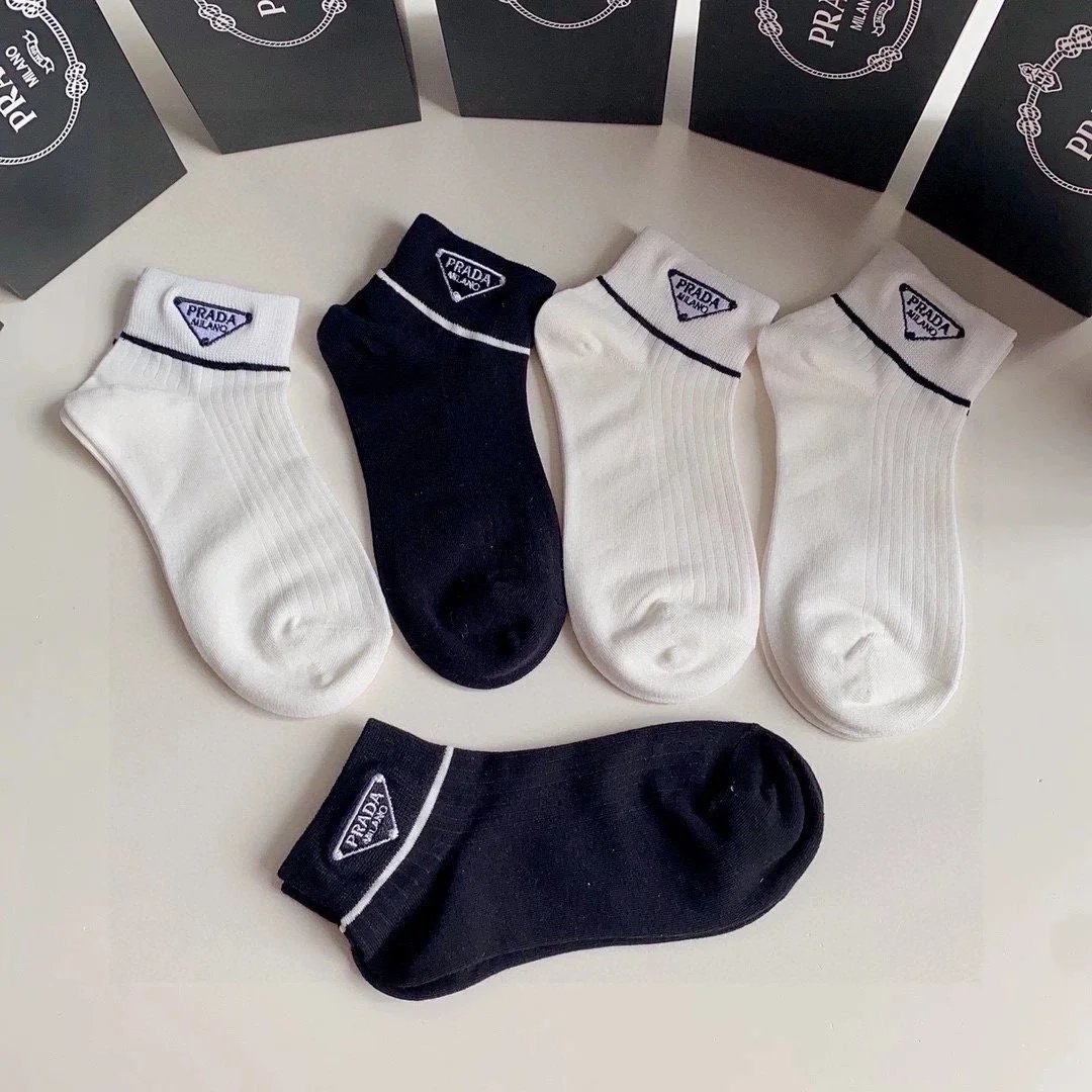 Prada Logo Stripe Crew Socks in White, Black, and Gray - 2