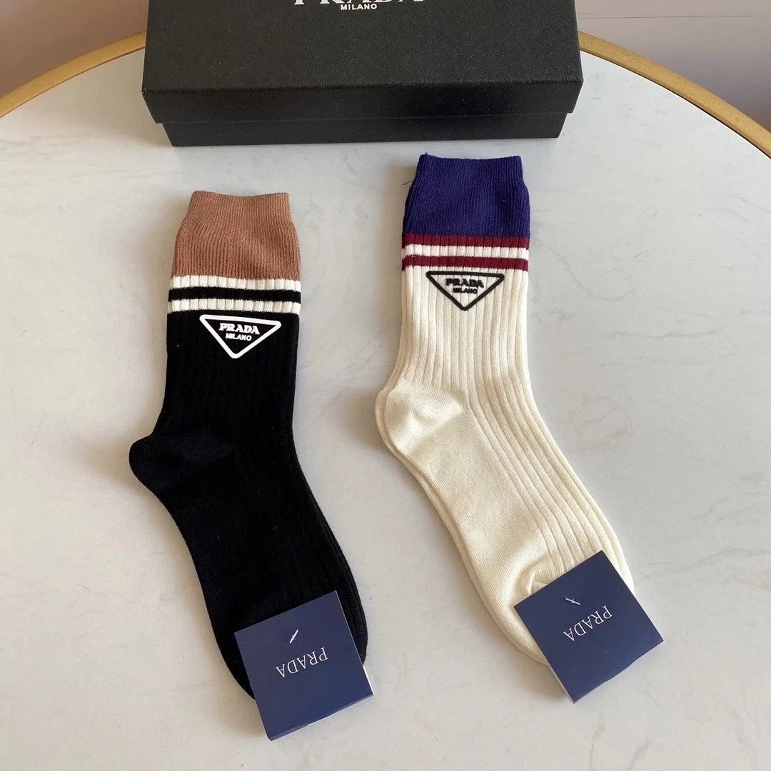 Prada Logo Stripe Crew Socks in White, Black, and Gray - 9