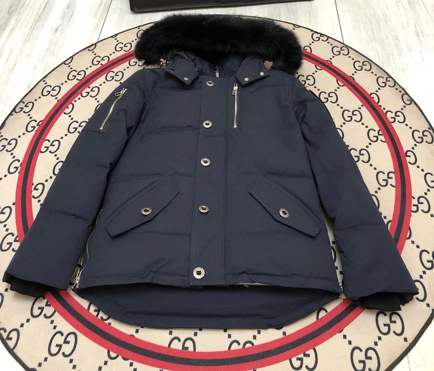 Gucci Teddy Fleece Hooded Jacket Black with Cream Stripes Outerwear - 4