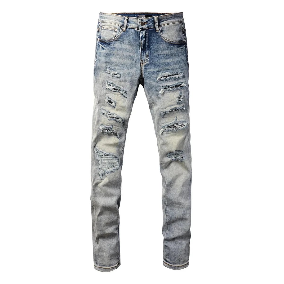 Design Distressed Yellow-Panel Jeans Dark Wash - 8