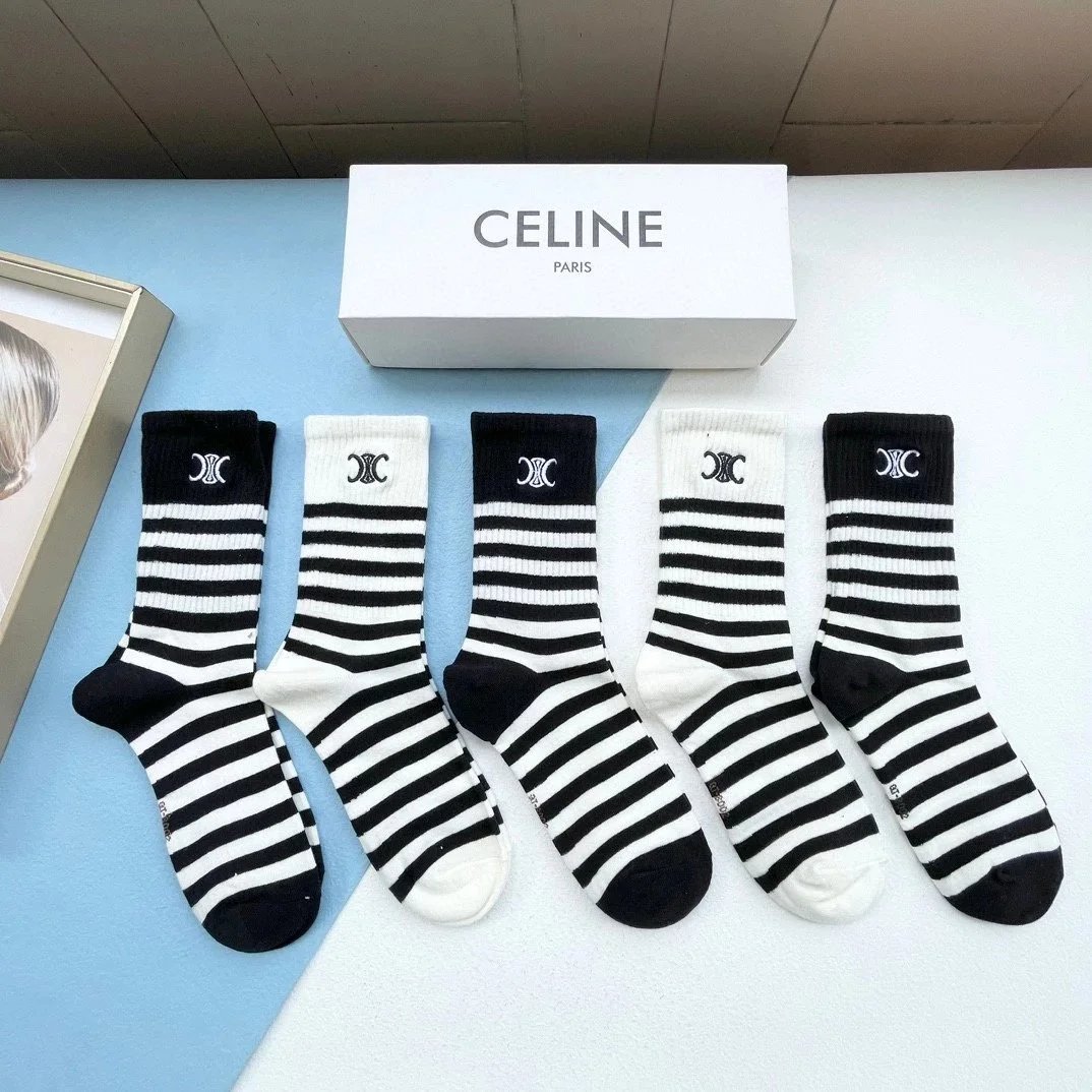 Celine Céline Paris Logo Print Socks Black and White Socks - 5