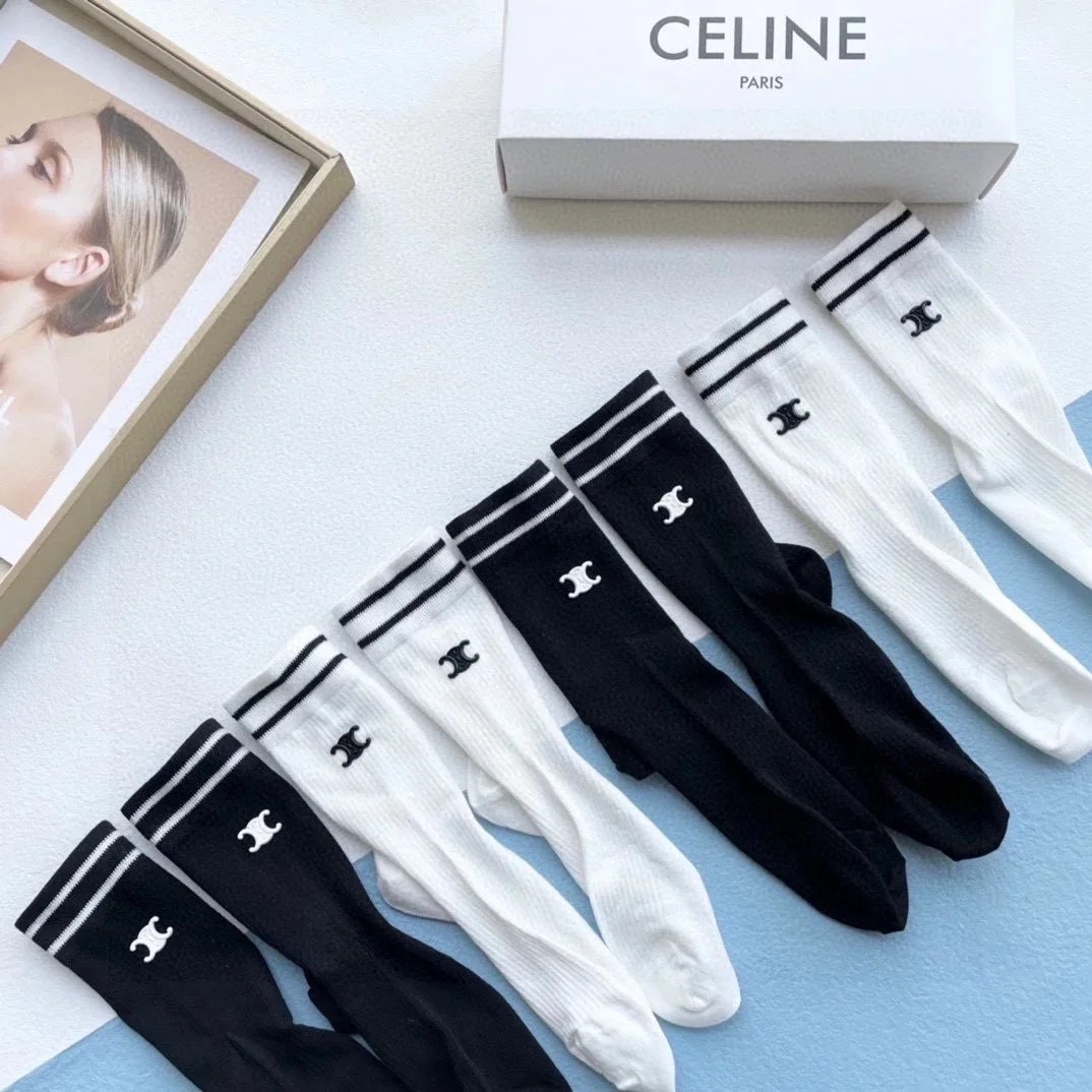 Celine Logo Stripe Socks Black and White - 12
