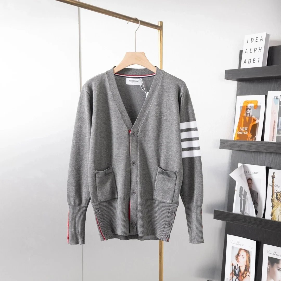 Thom Browne V-Neck Cardigan Gray with Four-Bar Stripe - 1