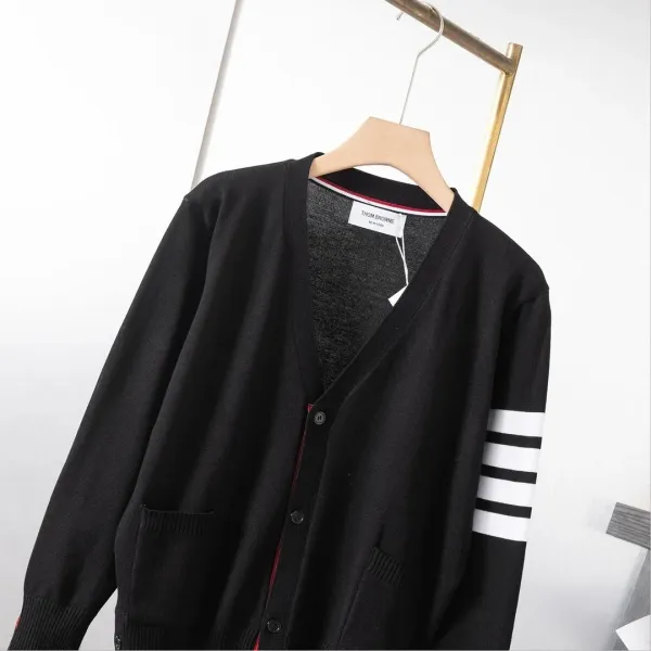 Thom Browne V-Neck Cardigan Black with Four-Bar Stripe Sleeve Outerwear.cardigan - 1
