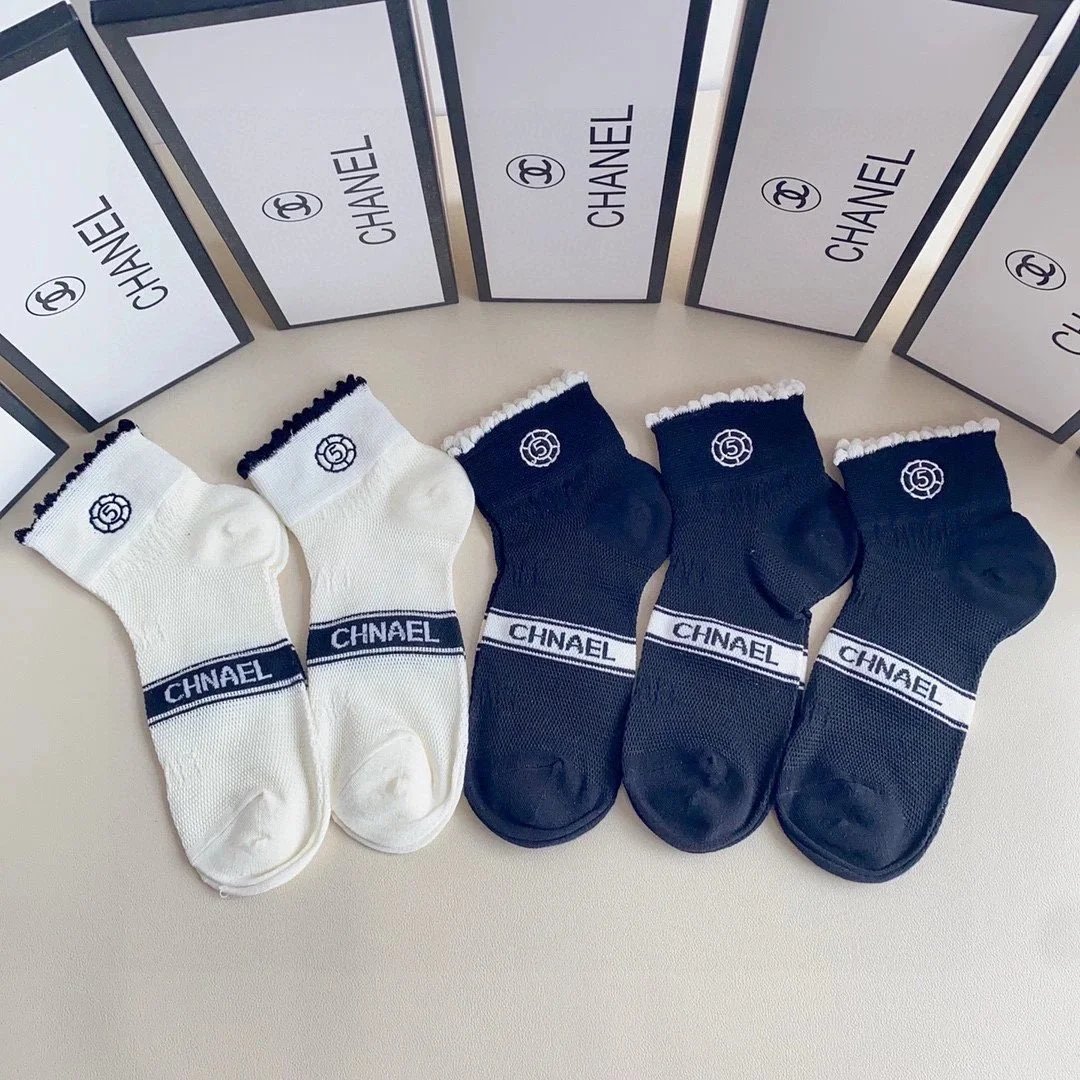 Chanel Striped Logo Socks Black and White - 2