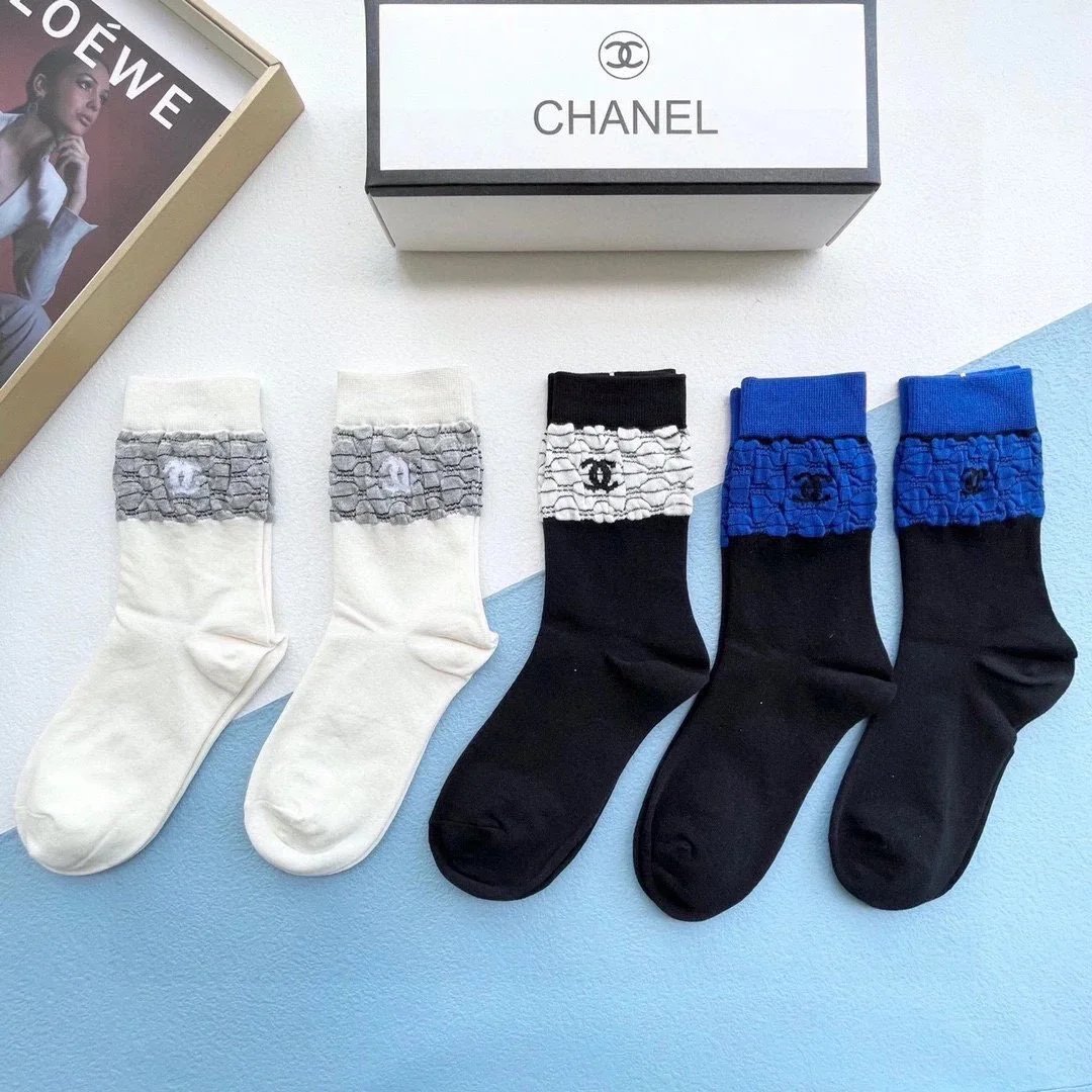 Chanel Striped Logo Socks Black and White - 5