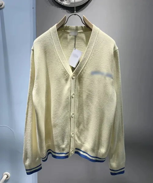 Design V-Neck Knit Cardigan in Pale Yellow with Blue Trim Outerwear.cardigan - 1