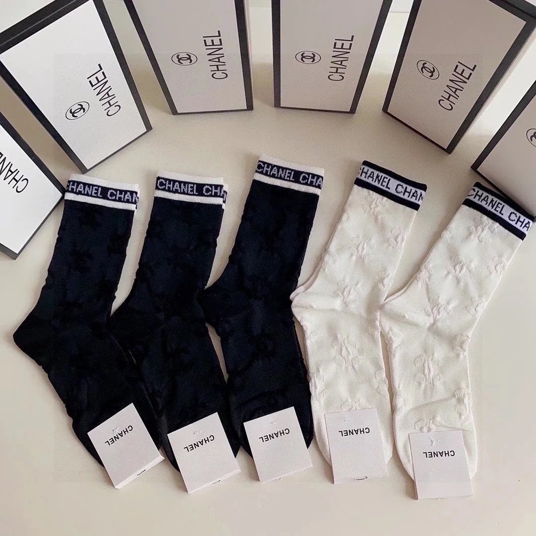 Chanel Striped Logo Socks Black and White - 10