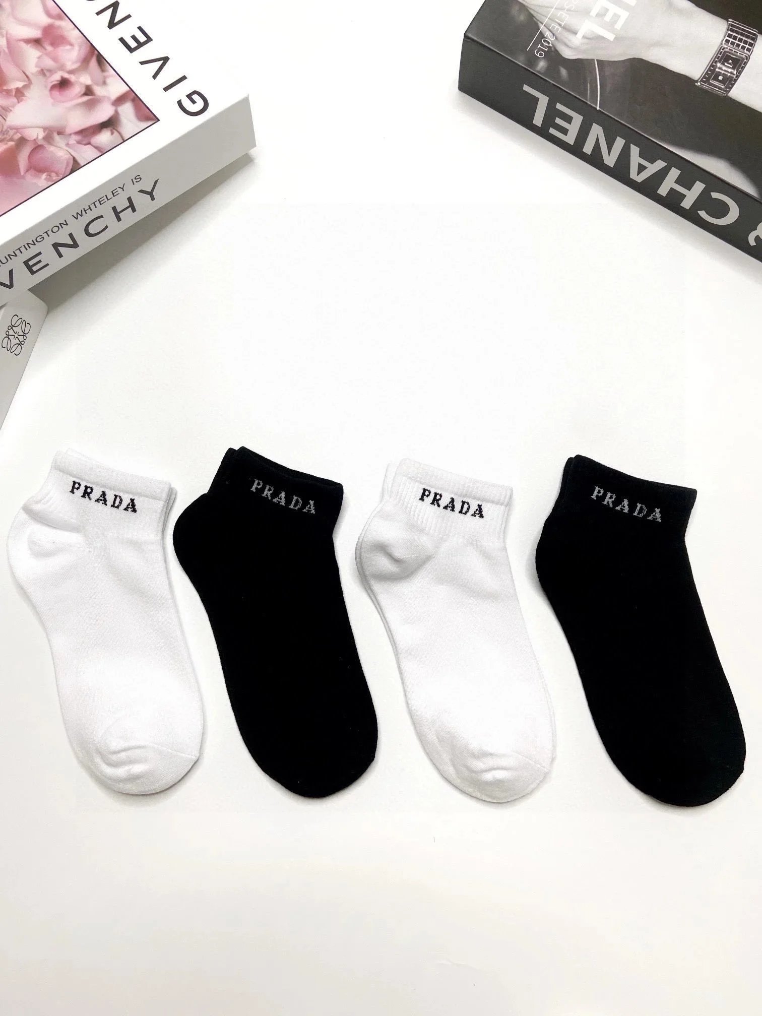 Prada Logo Stripe Crew Socks in White, Black, and Gray - 6