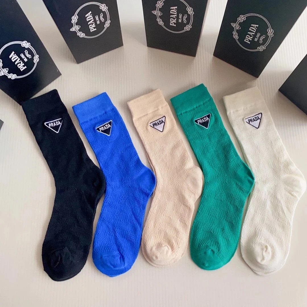 Prada Logo Stripe Crew Socks in White, Black, and Gray - 12