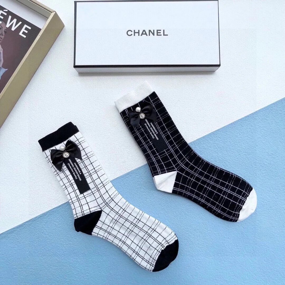 Chanel Logo Grid Ankle Socks in Navy and White - 8