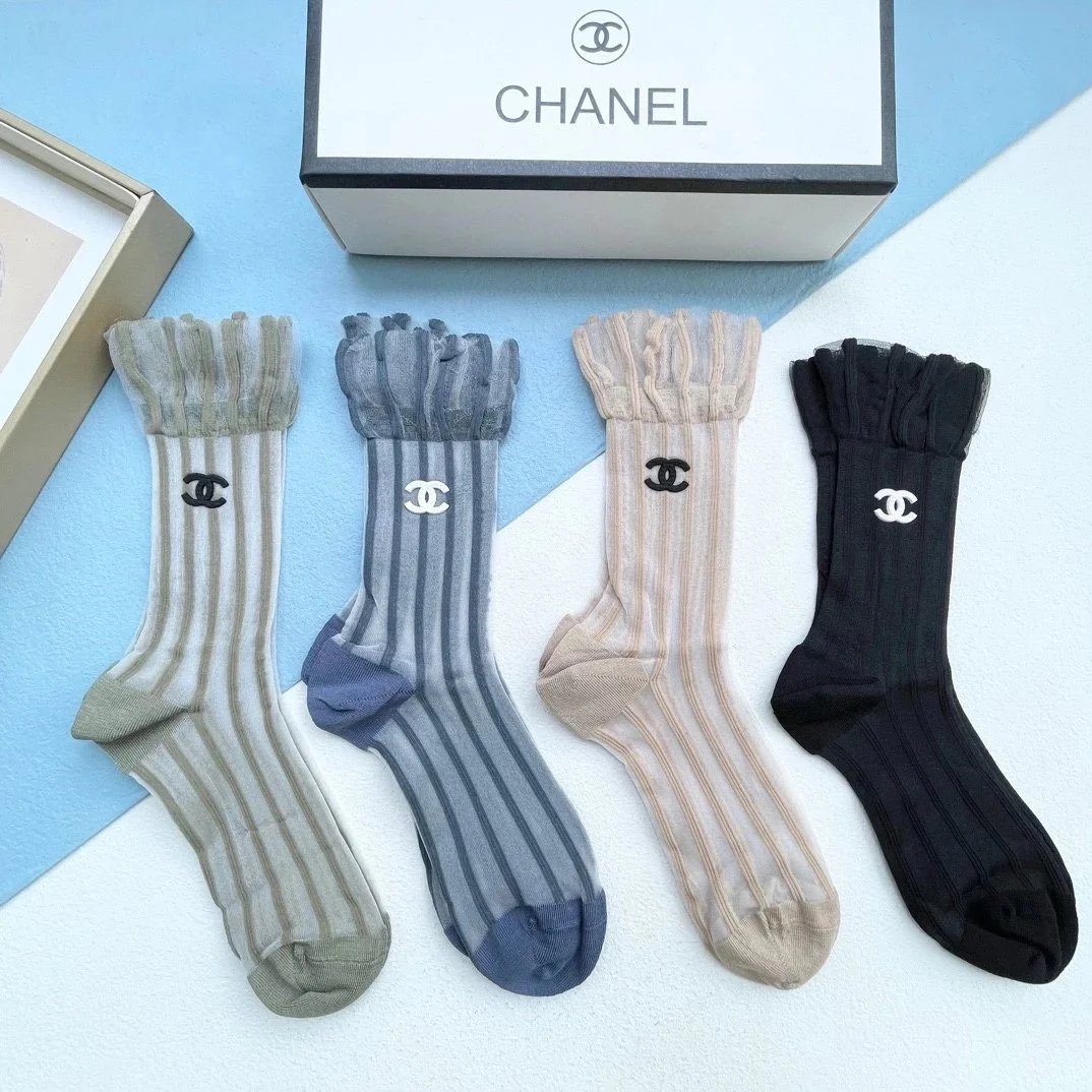 Chanel Striped Logo Socks Black and White - 11