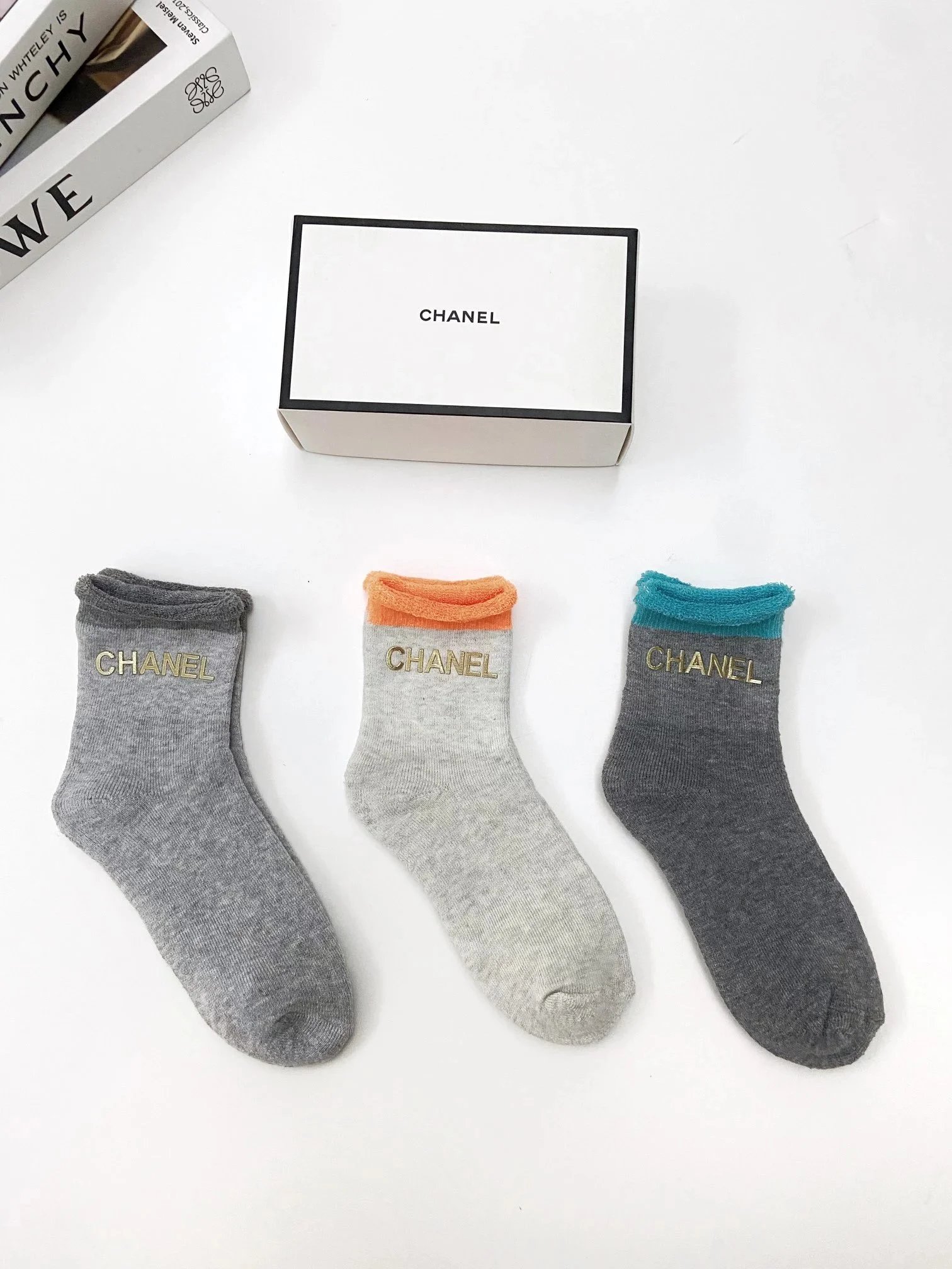 Chanel Logo Grid Ankle Socks in Navy and White - 4