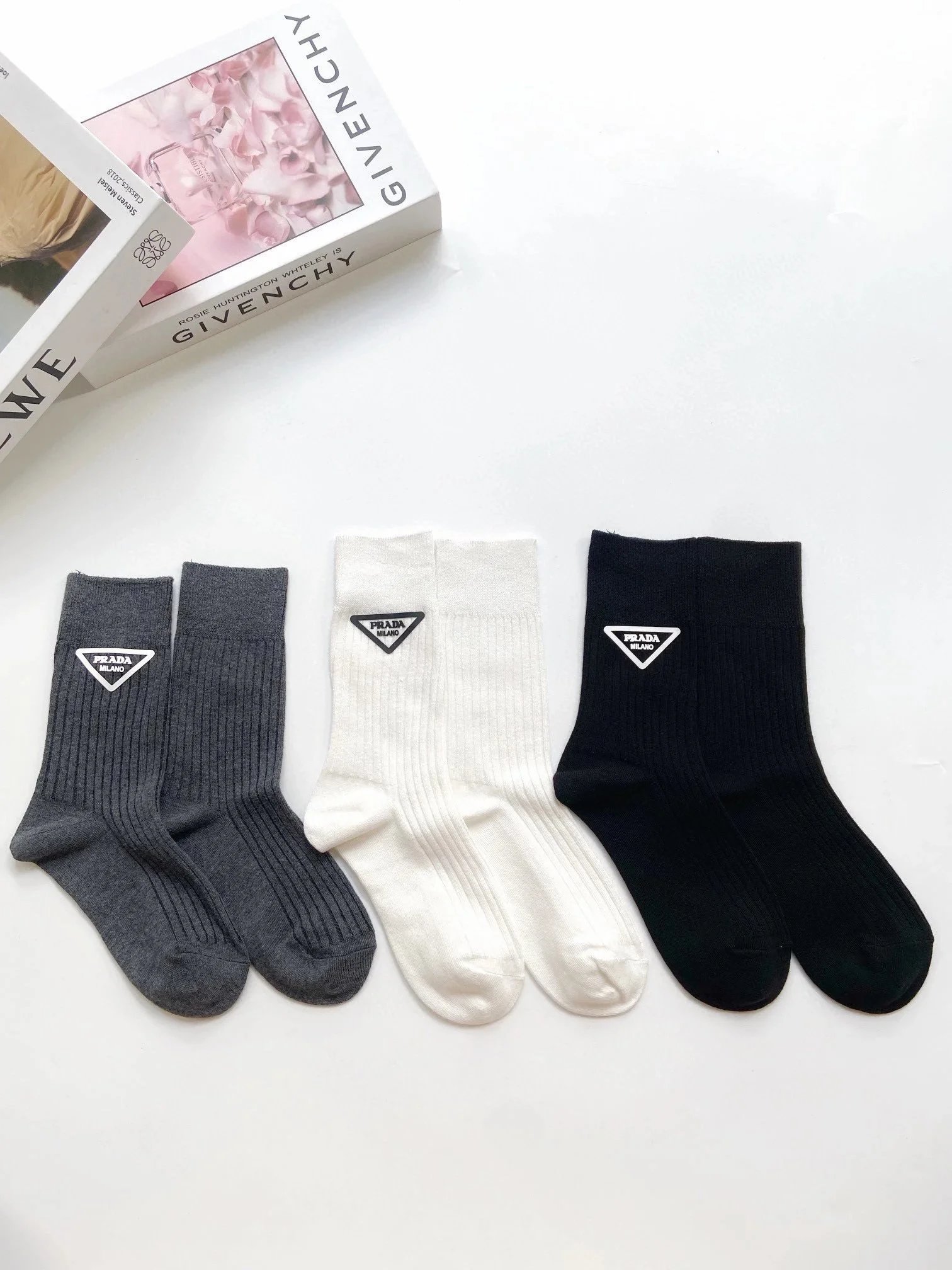 Prada Logo Stripe Crew Socks in White, Black, and Gray - 7