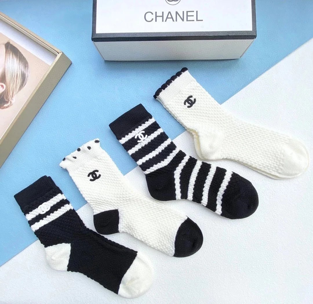 Chanel Striped Logo Socks Black and White - 12