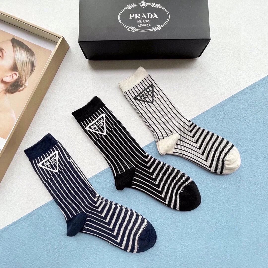 Prada Logo Stripe Crew Socks in White, Black, and Gray - 3