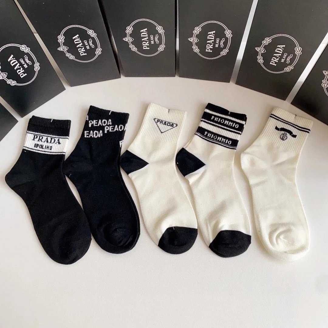 Prada Logo Stripe Crew Socks in White, Black, and Gray - 5