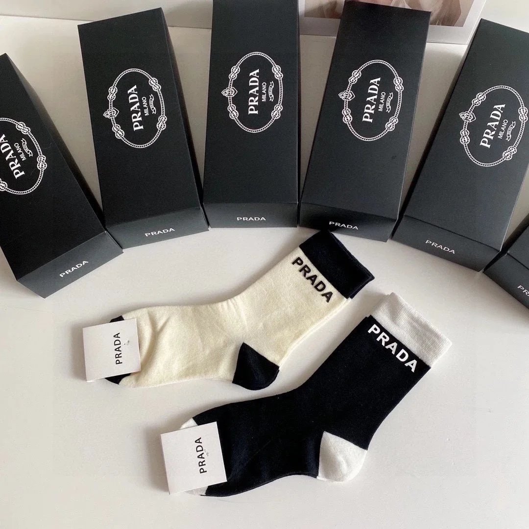 Prada Logo Stripe Crew Socks in White, Black, and Gray - 15