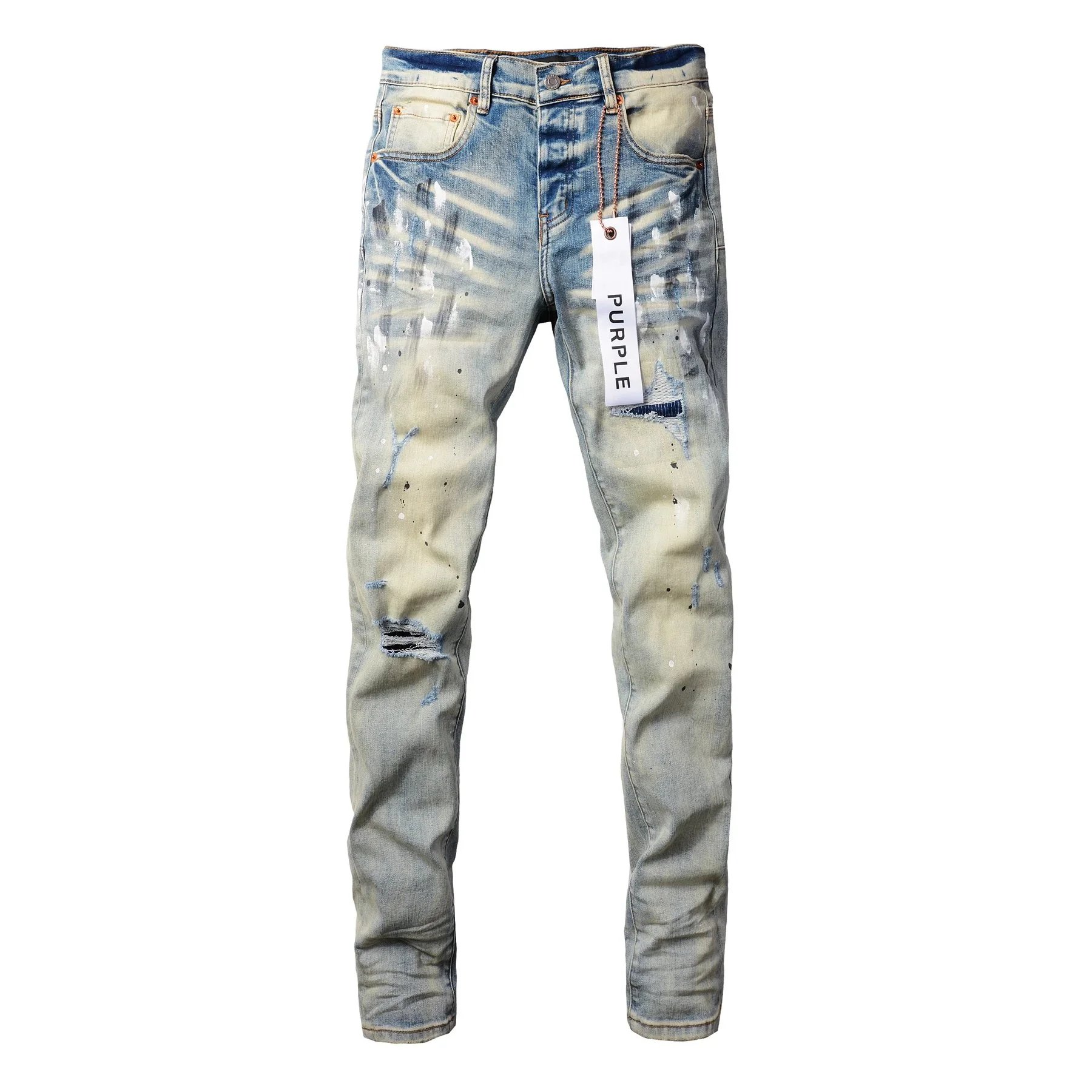 Design Distressed Yellow-Panel Jeans Dark Wash - 7
