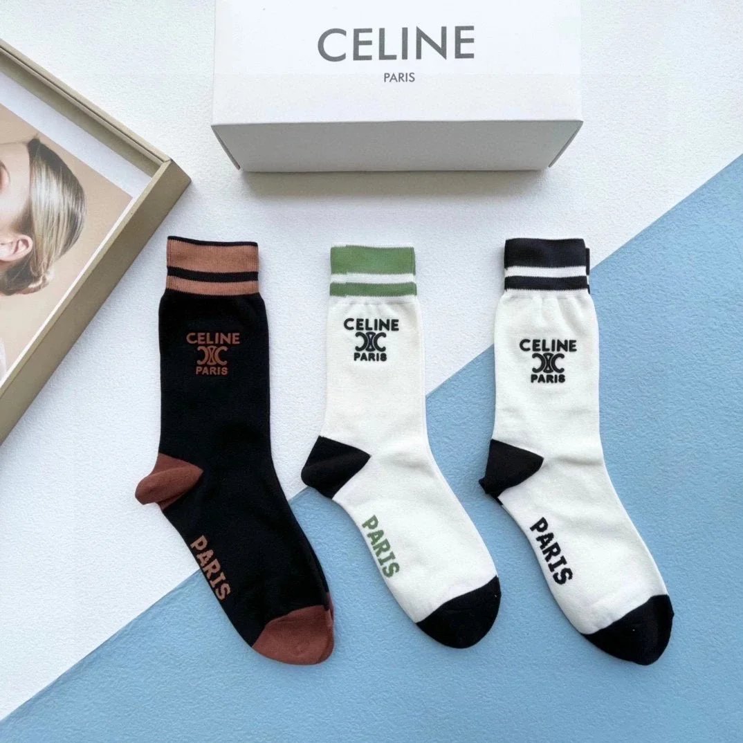 Celine Logo Stripe Socks Black and White - 3