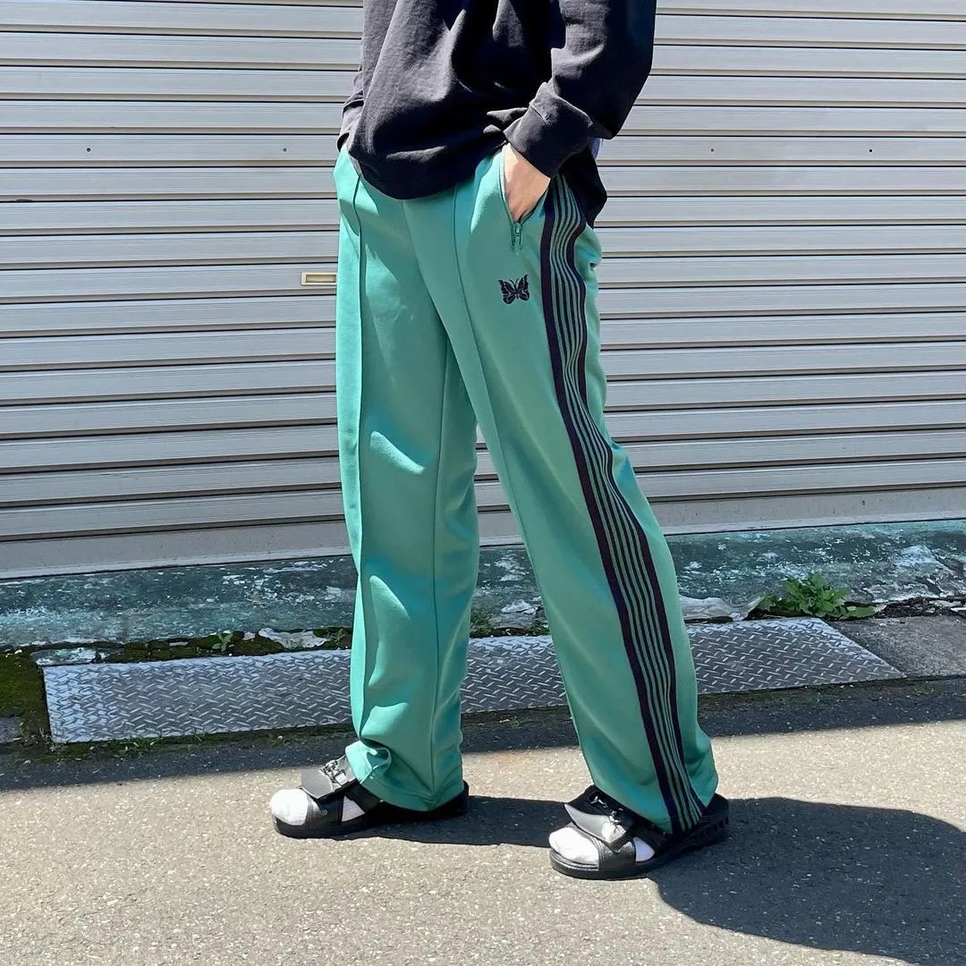 Design Paradise Track Pants Green with Turquoise Stripe and Butterfly Embroidery Sweatpants - 13