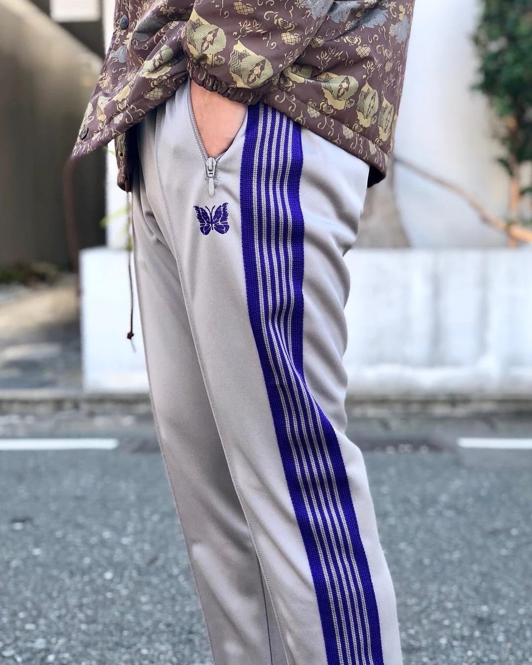Needles-Inspired Black Track Pants with Butterfly Logo and Side Stripes