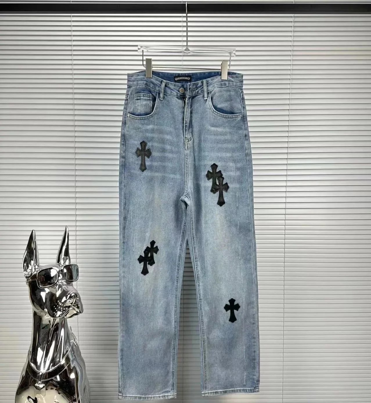 Chrome Hearts Cross Applique Light Wash Jeans - 7/15
