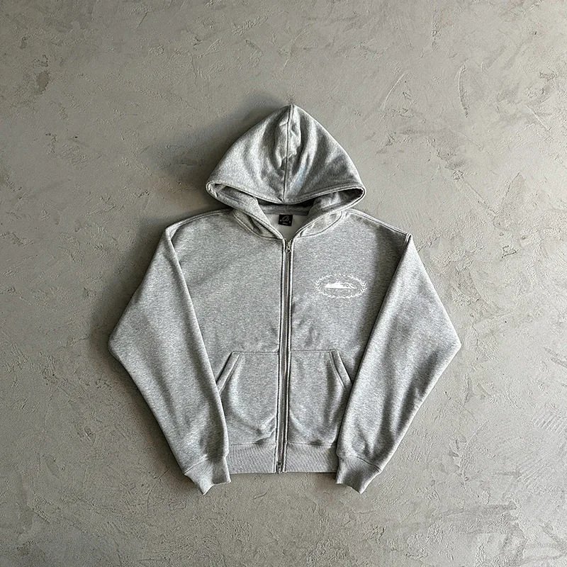 Corteiz American Streetwear Hip Hop Print Gray Fleece-Lined Zip-Up Hoodie Sweatshirt Set Jacket