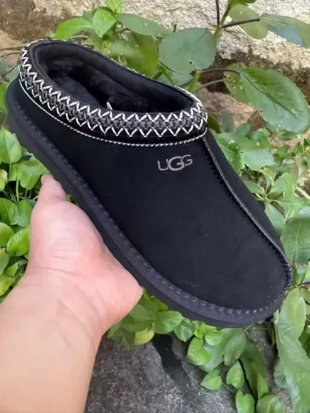UGG Tasman Black Suede Slippers with Embroidered Trim - 1