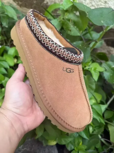UGG Tasman Brown Suede Slippers with Embroidered Trim - 1