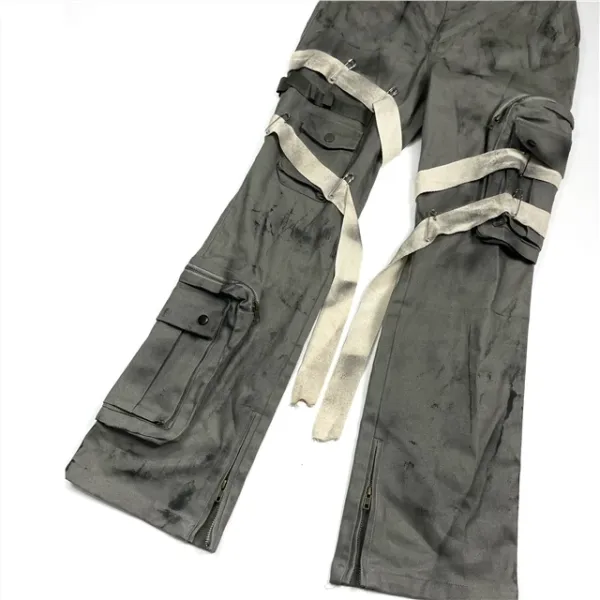 Design Distressed Cargo Pants with Tape Accents Gray Pants - 6