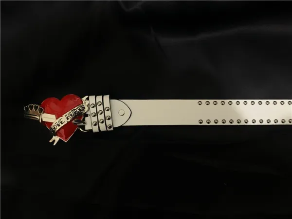 Design Heart Skull Belt Buckle White Studded Belt - 4