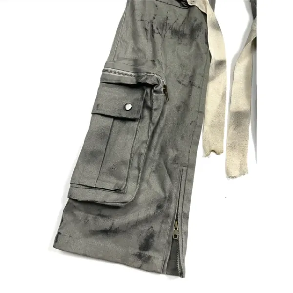 Design Distressed Cargo Pants with Tape Accents Gray Pants - 8