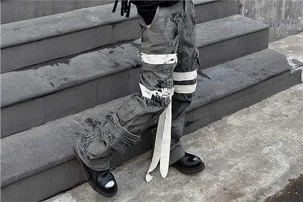 Design Distressed Cargo Pants with Tape Accents Gray Pants