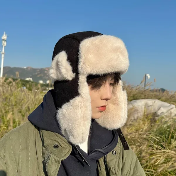 Design Trapper Hat Black Cream Faux Fur Hat - 1