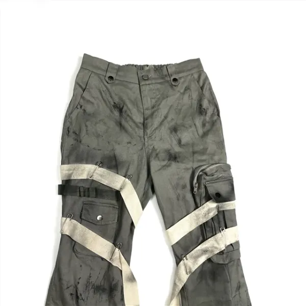 Design Distressed Cargo Pants with Tape Accents Gray Pants - 5