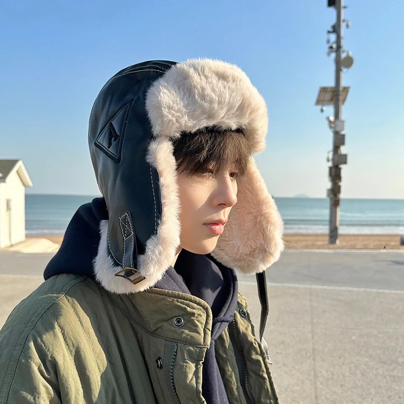 Design Aviator Hat with Faux Fur Trim Navy and Beige Accessories.hats