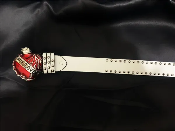 Design Heart Skull Belt Buckle White Studded Belt - 5