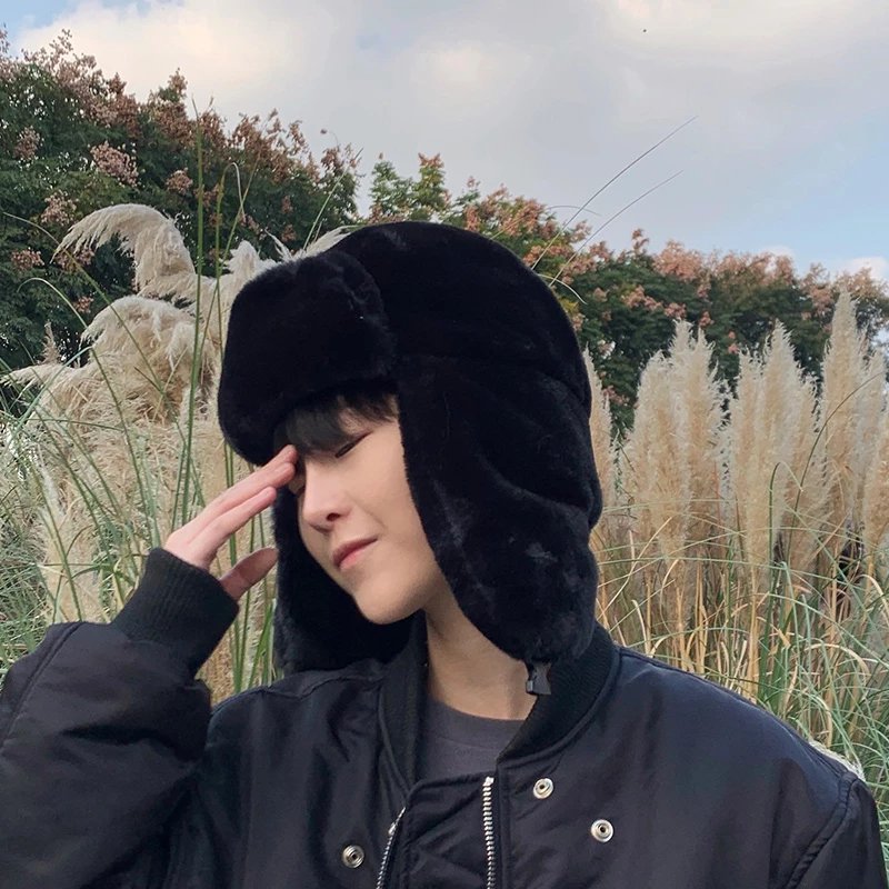 Design Unbranded Black Faux Fur Trapper Hat with Ear Flaps Hats