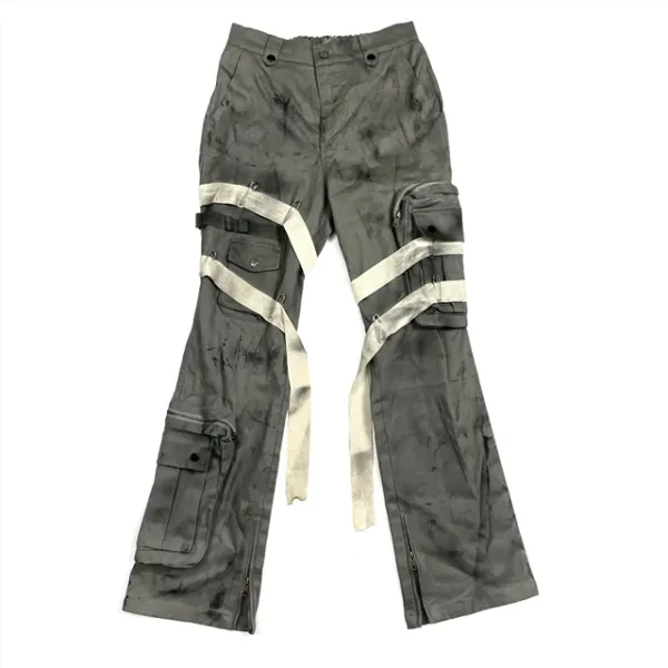 Design Distressed Cargo Pants with Tape Accents Gray Pants - 3