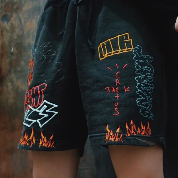 Cactus Jack Flame Graphic Drawstring Shorts Black - 22