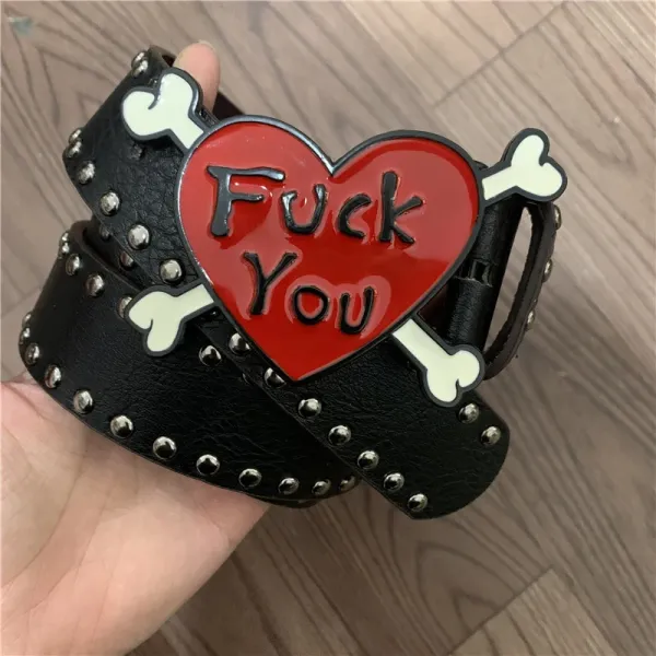 Design Heart Skull Belt Buckle White Studded Belt - 16