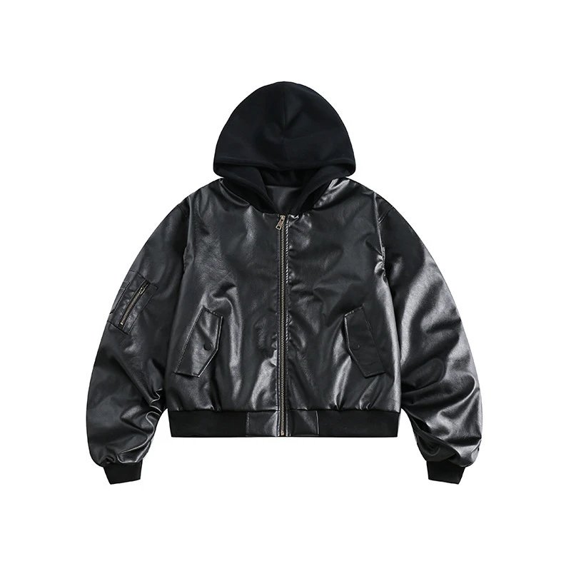 Fashionable Leather Jacket with Hood - Black