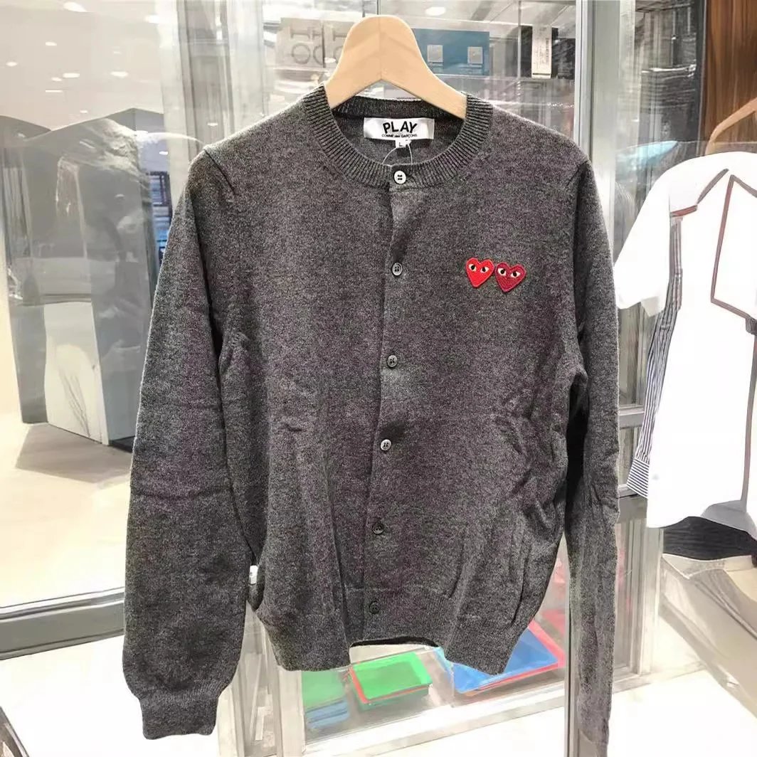 Comme des Garçons Play Double Red Heart Cardigan Grey