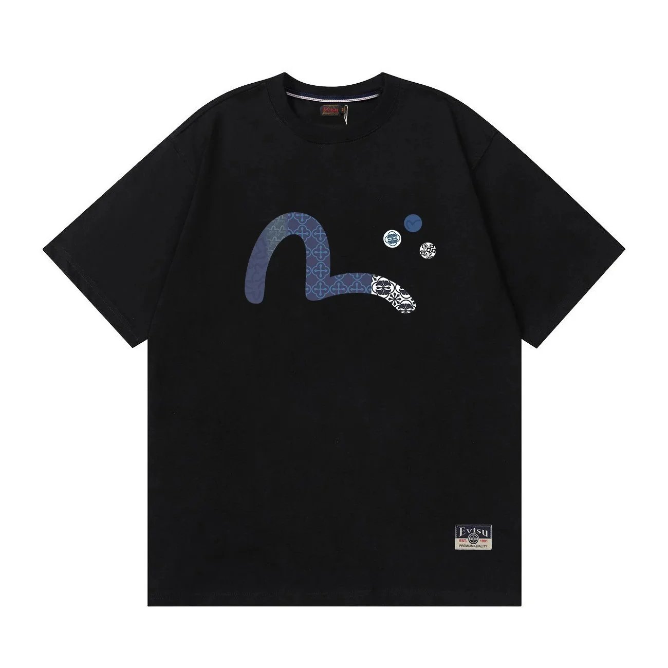 Evisu Fabric-mix Patchwork Seagull and Logo Applique T-shirt Black