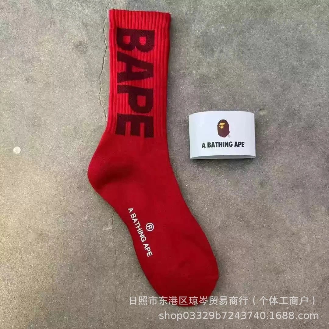 A Bathing Ape Socks Striped logo crew — Red large letters