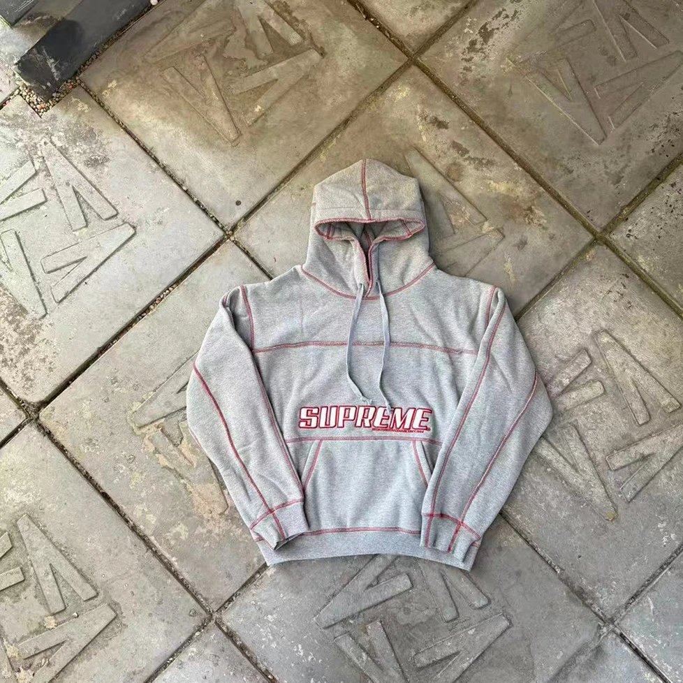 Supreme Hoodies & Sweatshirts Logo Hoodie with Contrast Stitching — Gray/Contrast-Thread Sweatshirt